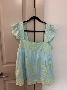 Juliet Dunn Aqua Top with Yellow Floral Embroidery